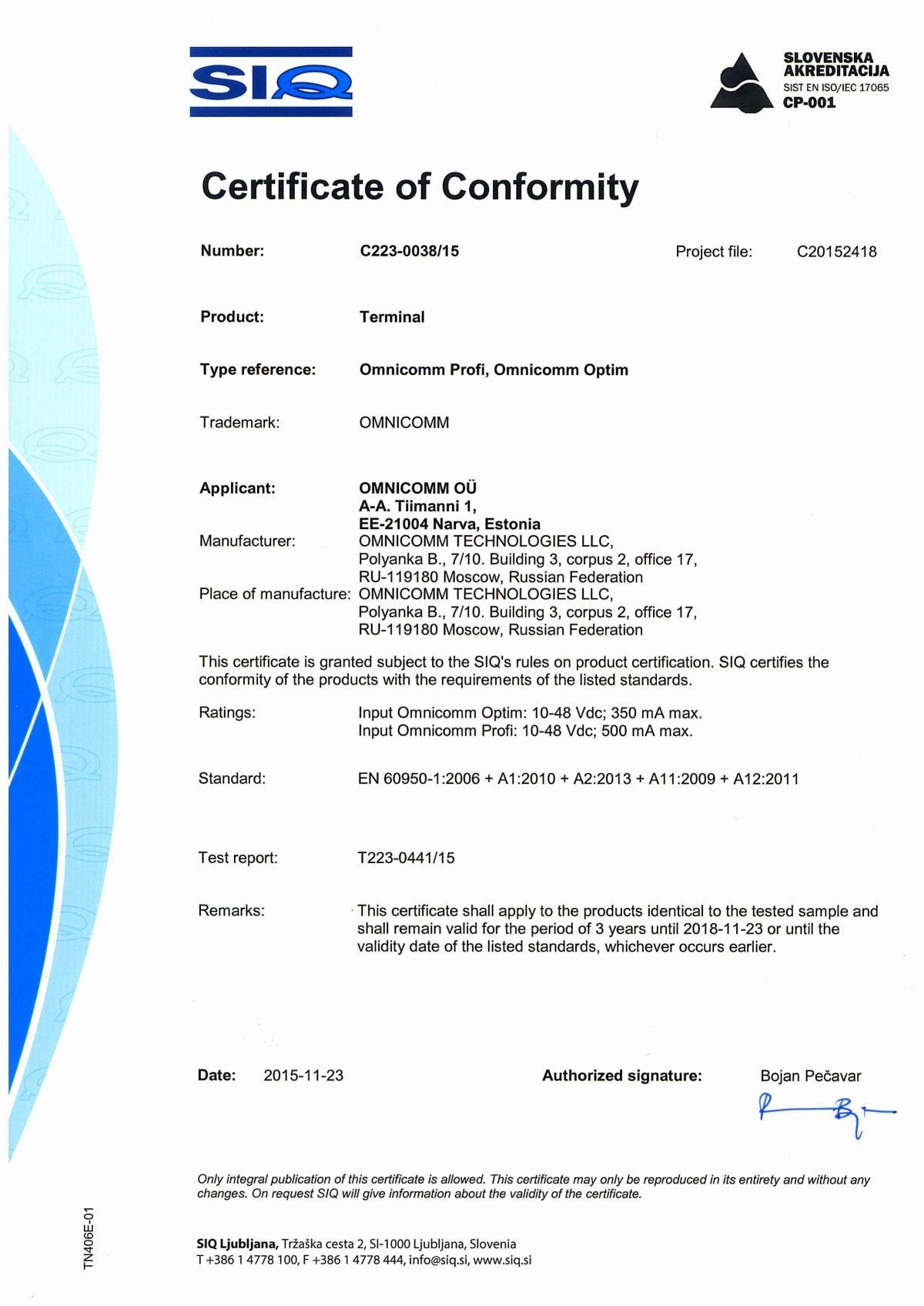 Declaration of CE Conformity OMNICOMM On-borad Terminals Optim Profi