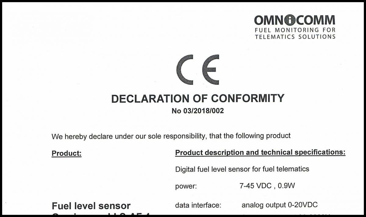 Declaration of CE Conformity for OMNICOMM LLS-AF 4 Fuel-Level Sensor