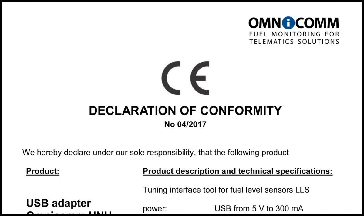 Declaration of CE Conformity OMNICOMM UNU-USB Connector Kit