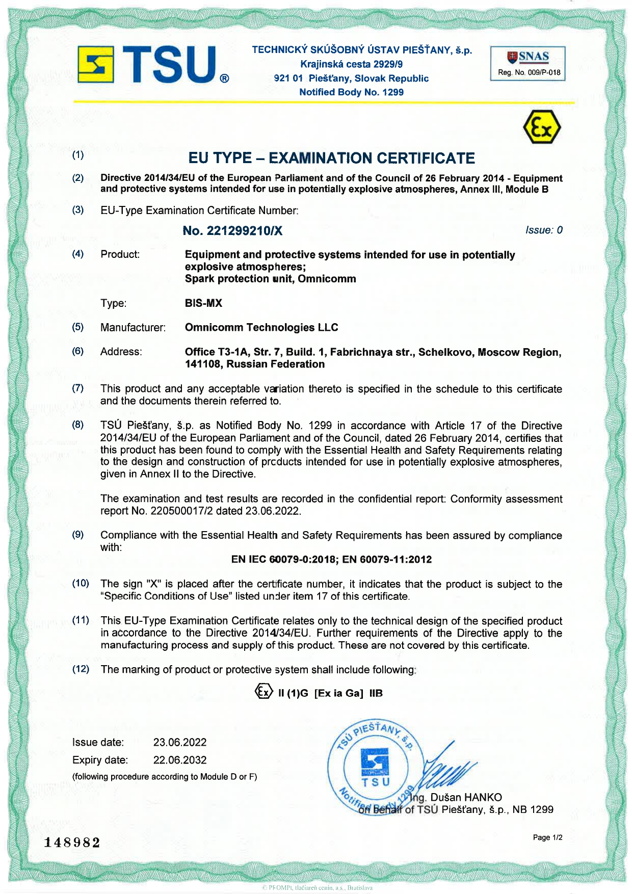 Spark protection unit, Omnicomm BIS-MX. Certificate of Conformity to ATEX Directive 201434EU