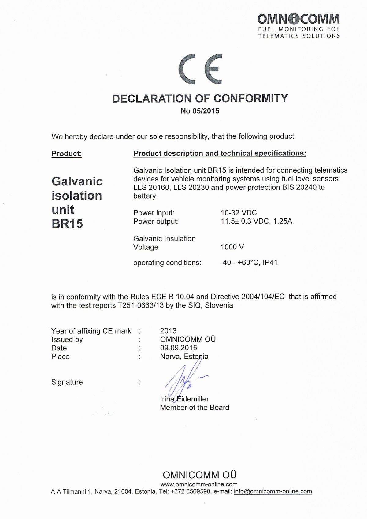 Declaration of CE Conformity OMNICOMM Galvanic Isolation Unit