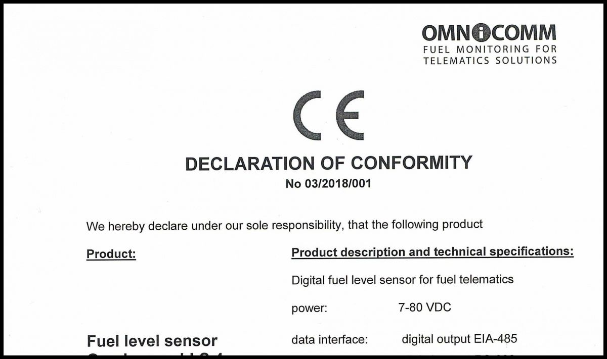 Declaration of CE Conformity for OMNICOMM LLS 4 Fuel-Level Sensor