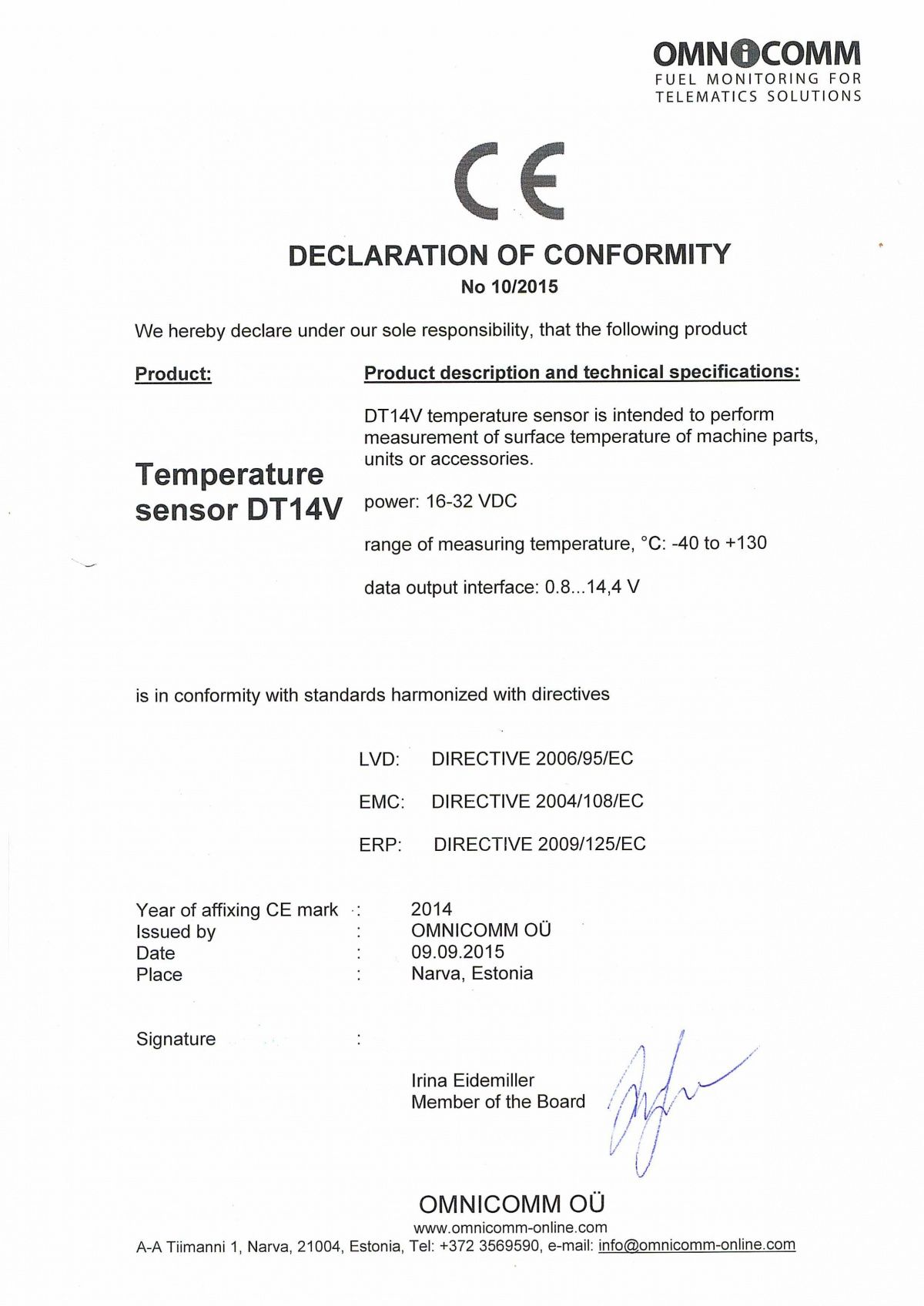 Declaration of CE conformity OMNICOMM Temperature Sensor DT14V