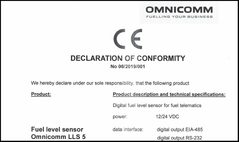 Declaration of CE Conformity for OMNICOMM LLS 5 Fuel-Level Sensor