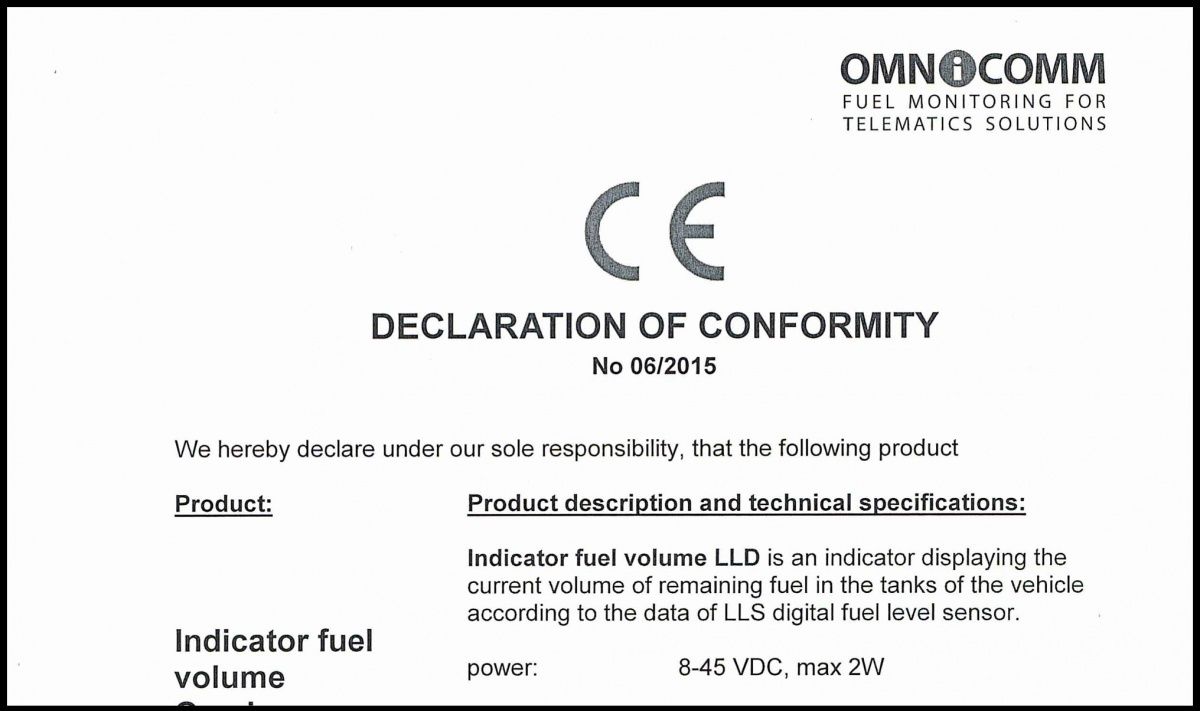 Declaration of CE Conformity for OMNICOMM LLD Indicator Display