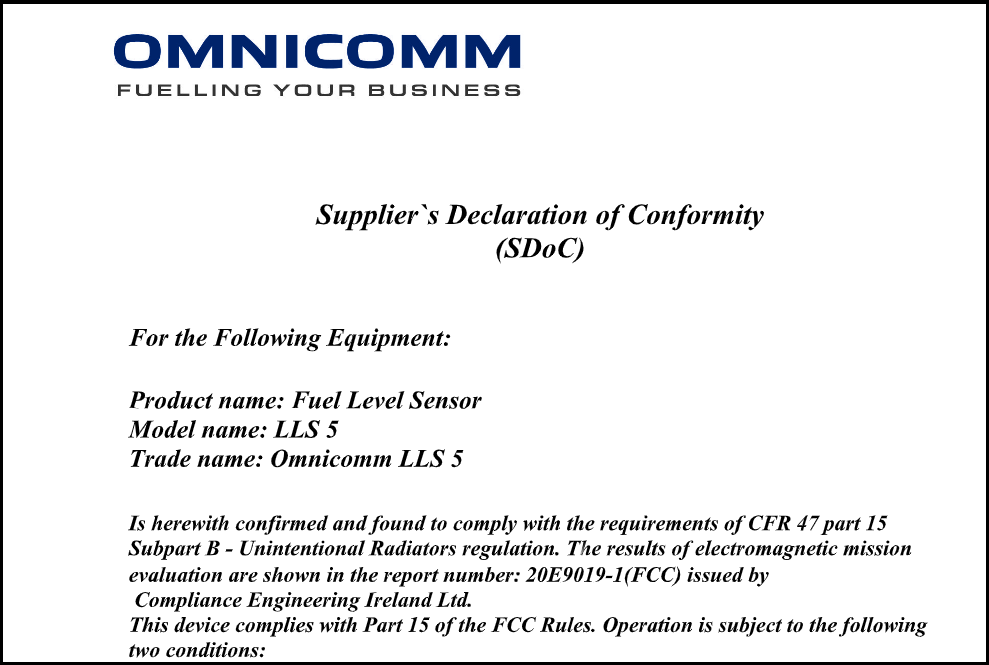Supplier's Declaration of Conformity for OMNICOMM LLS 5 Fuel-Level Sensor