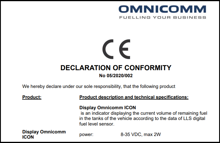 Declaration of CE Conformity for OMNICOMM ICON Display