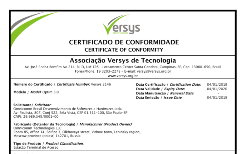 ANATEL Certificate of Conformity for OMNICOMM Optim 3.0 On-board Terminal