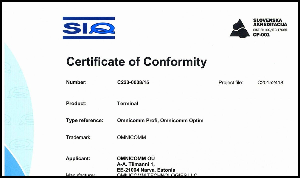 Declaration of CE Conformity OMNICOMM On-board Terminals Optim Profi