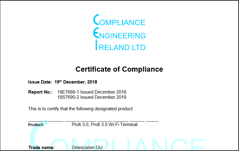 CE Certificate of Compliance for OMNICOMM Profi 3.0, Profi 3.0 Wi-Fi GPS Trackers