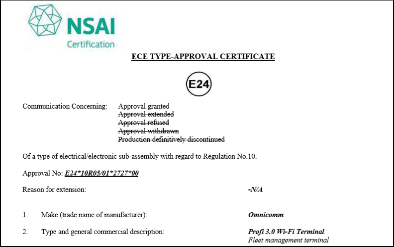 E-mark Certificate for OMNICOMM Profi 3.0, Profi 3.0 Wi-Fi On-board Terminals